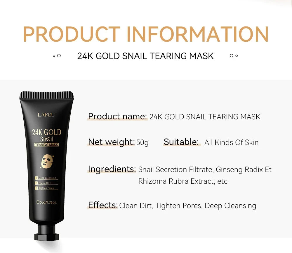 LAIKOU 24K Gold SNAIL TEARING Mask Deep Cleansing Remove Blackhead Face Care 50g